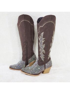 Crystal Dark Brown Multi Rhinestones Country Glam Western Cowgirl Knee Boots